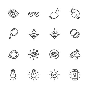 Eye care for good eye health and vision icons. Vector line icons