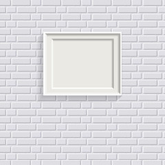 White realistic picture frame on white painted brick wall seamless pattern vector background. Modern photo frame and text to your design projects. Layered vector EPS 10 available.