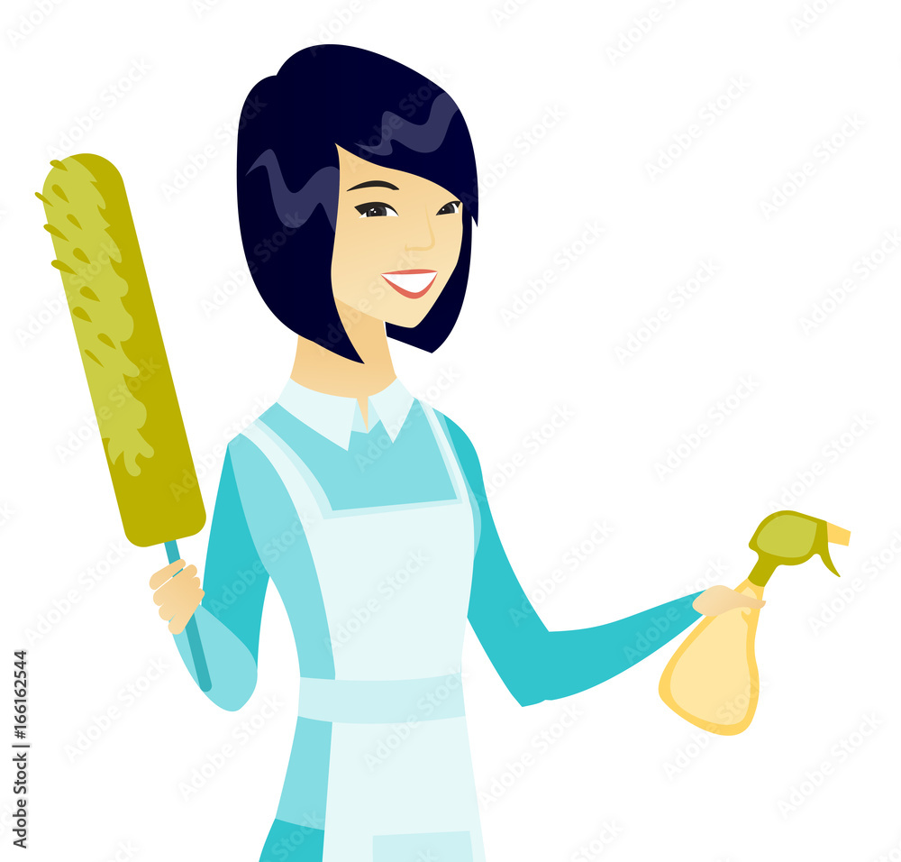 Canvas Prints asian housemaid holding spray bottle and duster.