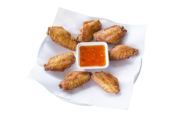 Top view fried chicken wings on white background.