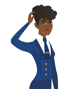 Young african-american stewardess scratching head.