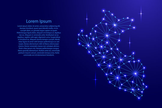 Peru map of polygonal mosaic lines network, rays and space stars of vector illustration.