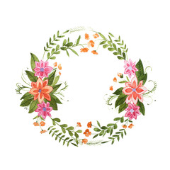 Aquarelle painting of floral wreath made of wild flowers isolated on white background