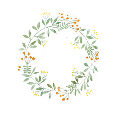 Aquarelle painting of floral wreath made of wild flowers isolated on white background