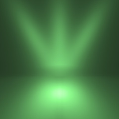 Green spotlight background. Empty gray studio.