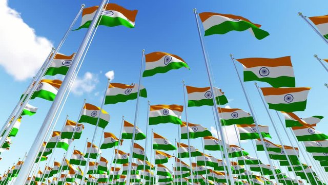 Many Indian flags on flag poles against cloudy blue sky. 3D rendering animation.