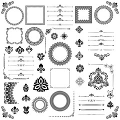 Vintage set of vector horizontal, square and round elements. Different elements for decoration design, frames, cards, menus, backgrounds and monograms. Classic black and white patterns. Set of vintage