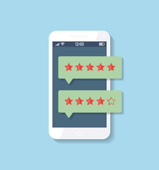 Review Rating, Online survey with bubble speeches on mobile phone. Reviews stars.