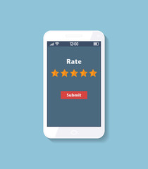 Review Rating, Online survey with bubble speeches on mobile phone. Reviews stars.