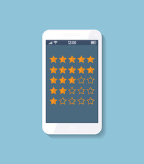 Review Rating, Online survey with bubble speeches on mobile phone. Reviews stars.