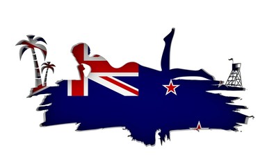 Young woman sunbathing on a beach. Cutout silhouette of the relaxing girl on a grunge brush stroke. Palm and lifeguard tower. Flag of the New Zealand on backdrop. 3D rendering.