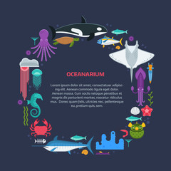 Obraz premium Oceanographic text frame with sea animals and fishes stylized in circle. Ocean and marine creatures and other aquatic life background with space for text. Oceanarium card template.