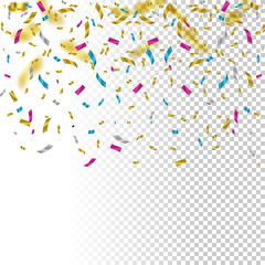 Falling color confetti on transparent background. Vector holiday illustration.