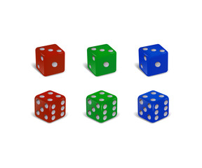 Red, green and blue cubes in different positions isolated on white. Dice gambling template. Vector illustration.