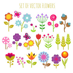 Bright child garden flowers and butterfly vector set