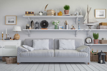Skandinavisches, nordisches Wohnzimmer mit einem Sofa, Regalen und Deko