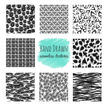 Hand drawn textures. Scribble squiggle ink pen seamless vector scratchy endless backgrounds