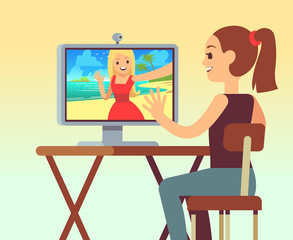 Video chat between friends in headset on computer with camera. Online chatting and comunication vector concept