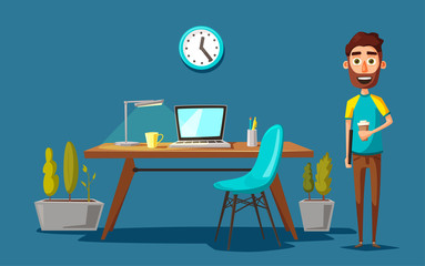 Modern workplace. Creative character. Office work. Cartoon vector illustration