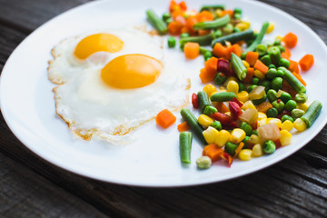 two fried eggs on the plate and vegetables