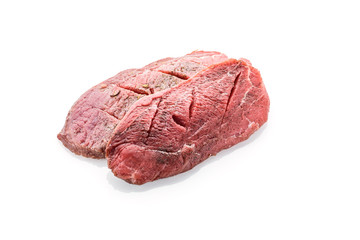 Raw meat steak is ready for cook. Isolated on white background.