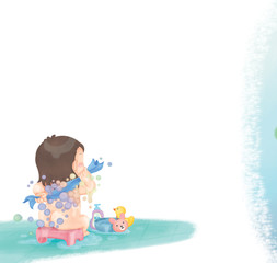 Cartoon Happy Little girl shower in bathroom