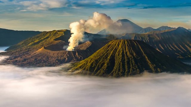 Time Lapse of Mount Bromo volcano (Gunung Bromo) during sunrise from viewpoint on Mount Penanjakan in Bromo Tengger Semeru National Park, East Java, Indonesia.
