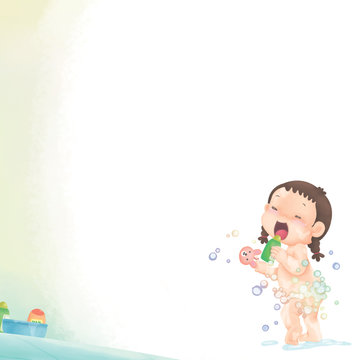 cartoon little girl taking a bath with foam and playing