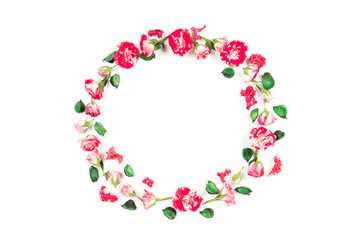 Flowers composition. Wreath made of fresh roses and dried flowers on white background. Flat lay, top view
