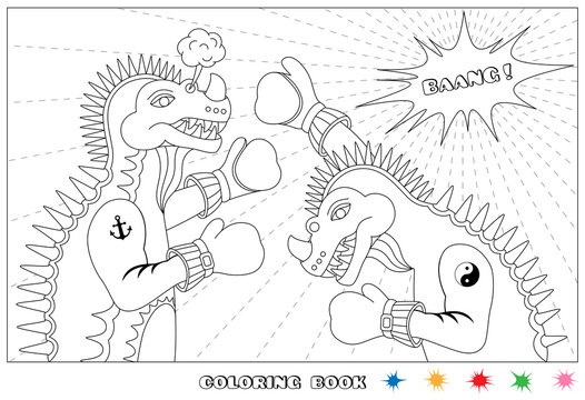 Friendly match. Dino boxing. Coloring book. Vector illustration.