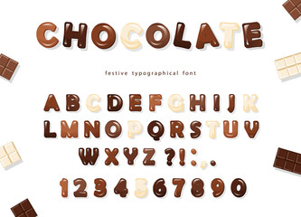 Glossy ABC letters and numbers, made of different kinds of chocolate - dark, milk and white. Sweet font design.