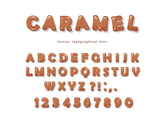 Caramel font design. Sweet glossy ABC letters and numbers.