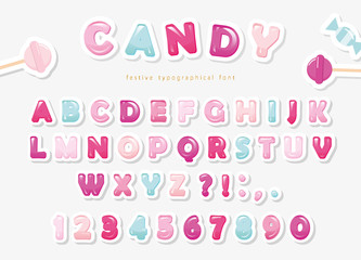 Paper cut out sweet font design. Candy ABC letters and numbers. Pastel pink and blue.