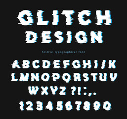 Glitch font design on the black background. abc letters and numbers.