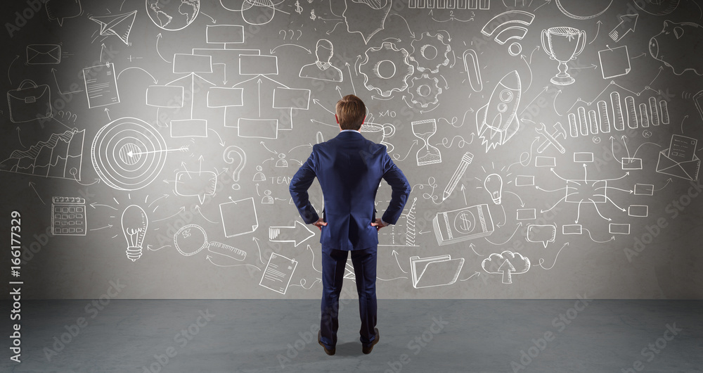 Poster businessman watching a project sketch on a wall 3d rendering