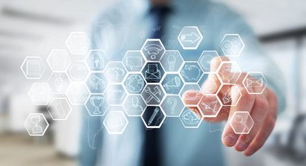 Businessman touching multimedia hand-drawn interface
