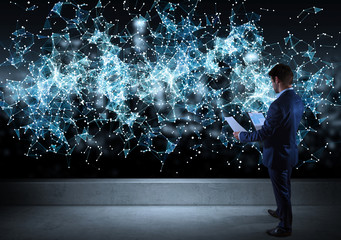 Businessman watching connection network on a rooftop 3D rendering