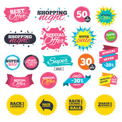 Sale shopping banners. Back to school sale icons. Studies after the holidays signs. Pencil symbol. Web badges, splash and stickers. Best offer. Vector