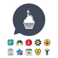 Birthday cake sign icon. Cupcake with burning candle symbol. Information, Report and Speech bubble signs. Binoculars, Service and Download, Stars icons. Vector