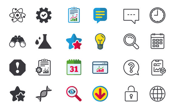 Attention and DNA icons. Chemistry flask sign. Atom symbol. Chat, Report and Calendar signs. Stars, Statistics and Download icons. Question, Clock and Globe. Vector