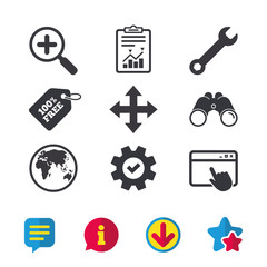 Magnifier glass and globe search icons. Fullscreen arrows and wrench key repair sign symbols. Browser window, Report and Service signs. Binoculars, Information and Download icons. Stars and Chat