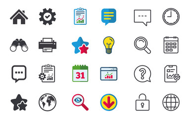 Home main page and globe icons. Printer and chat speech bubble with suspension points sign symbols. Chat, Report and Calendar signs. Stars, Statistics and Download icons. Question, Clock and Globe