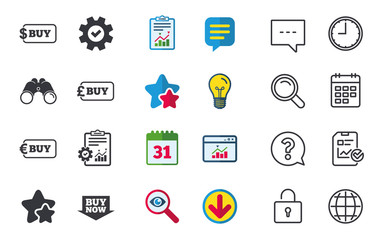 Buy now arrow icon. Online shopping signs. Dollar, euro and pound money currency symbols. Chat, Report and Calendar signs. Stars, Statistics and Download icons. Question, Clock and Globe. Vector