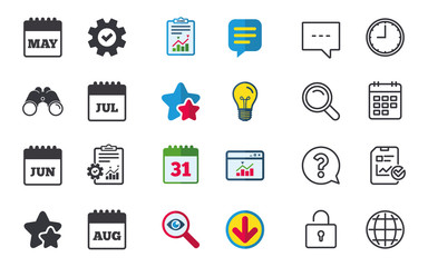 Calendar icons. May, June, July and August month symbols. Date or event reminder sign. Chat, Report and Calendar signs. Stars, Statistics and Download icons. Question, Clock and Globe. Vector