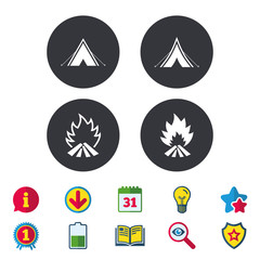 Tourist camping tent icons. Fire flame sign symbols. Calendar, Information and Download signs. Stars, Award and Book icons. Light bulb, Shield and Search. Vector