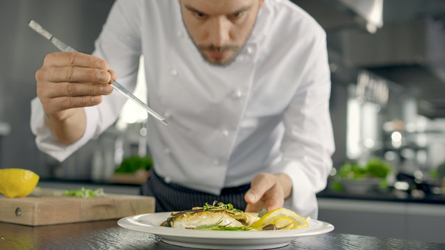 Famous Chef Decorates His Special Fish Dish with Some Greens. He Works in a Modern Kitchen.