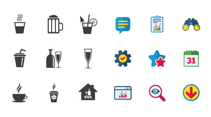 Cocktail, beer icons. Coffee and tea drinks. Soft and alcohol drinks symbols. Calendar, Report and Download signs. Stars, Service and Search icons. Statistics, Binoculars and Chat. Vector