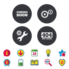 Coming soon icon. Repair service tool and gear symbols. Wrench sign. 404 Not found. Calendar, Information and Download signs. Stars, Award and Book icons. Light bulb, Shield and Search. Vector