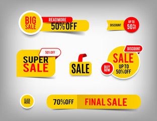 Sale banner set, discount tag collection, special offer. Modern yellow and red website stickers on a gray abstract background, color web page design