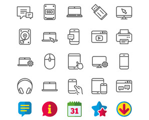 Mobile Devices line icons. Set of Laptop, Tablet PC and Smartphone signs. HDD, SSD and Flash drives. Headphones, Printer and Mouse symbols. Chat speech bubbles. Vector